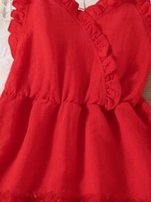 SHEIN Girls Frill Trim Surplice Contrast Mesh Hem Cami Dress - Red - View 5
