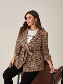 Plus Houndstooth Print Double Breasted Belted Overcoat In Fall/Winter - Multicolor - View 1