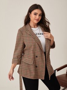 Plus Houndstooth Print Double Breasted Belted Overcoat In Fall/Winter - Multicolor - View 4