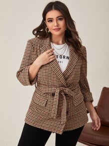 Plus Houndstooth Print Double Breasted Belted Overcoat In Fall/Winter - Multicolor - View 2
