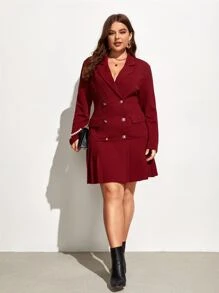 SHEIN Privé Plus Double Breasted Pleated Hem Blazer Dress - Burgundy - View 1