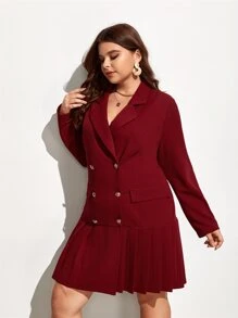 SHEIN Privé Plus Double Breasted Pleated Hem Blazer Dress - Burgundy - View 5