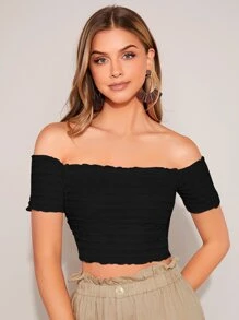 SHEIN Privé 一字肩木耳邊短款上衣 - 黑色 - 查看 1