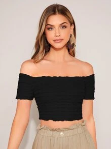 SHEIN Privé 一字肩木耳邊短款上衣 - 黑色 - 查看 5