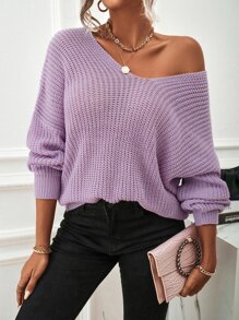 SHEIN Essnce V Neck Batwing Sleeve Jumper - Lilac Purple - View 1