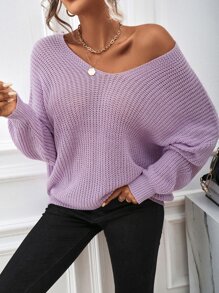 SHEIN Essnce V Neck Batwing Sleeve Jumper - Lilac Purple - View 3