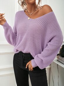SHEIN Essnce V Neck Batwing Sleeve Jumper - Lilac Purple - View 4