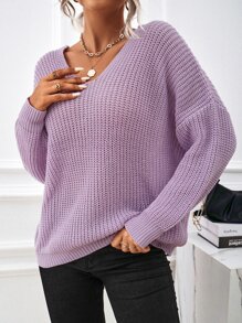 SHEIN Essnce V Neck Batwing Sleeve Jumper - Lilac Purple - View 5