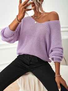 SHEIN Essnce V Neck Batwing Sleeve Jumper - Lilac Purple - View 6