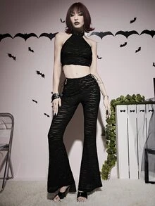 High Waist Lace Up Side Flare Leg Trousers - Black - View 3