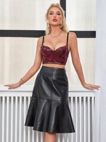 Falda bajo con fruncido PU - Negro - Ver 1