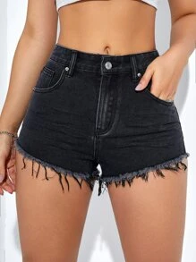 Shorts en mezclilla bajo crudo - Negro - Ver 1