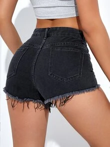Shorts en mezclilla bajo crudo - Negro - Ver 2