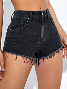 Shorts en mezclilla bajo crudo - Negro - Ver 3