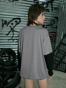 ROMWE Grunge Punk 假2件骷髏圖案落肩T恤 - 彩色 - 查看 2