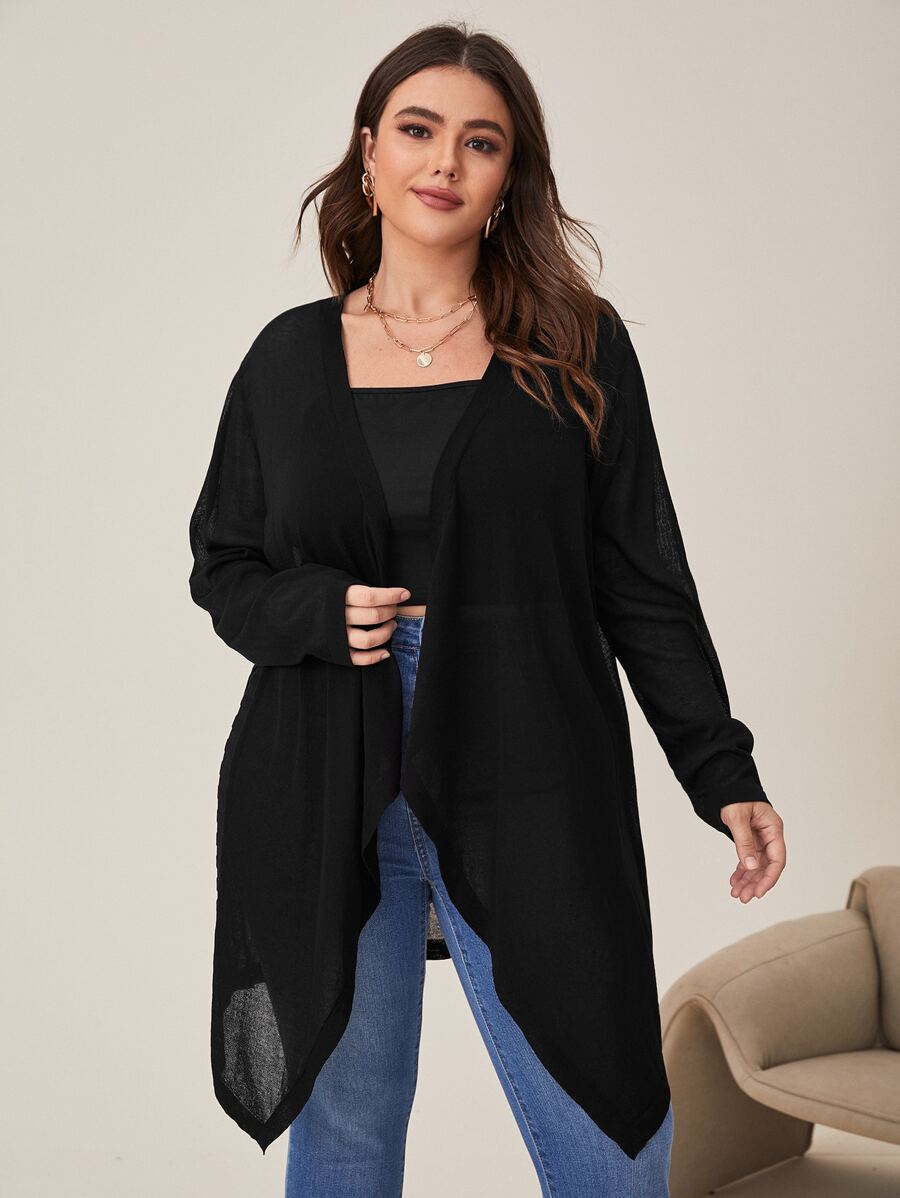 SHEIN LUNE Plus Hanky Hem Duster Cardigan - Black - View 1