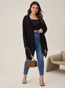 SHEIN LUNE Plus Hanky Hem Duster Cardigan - Black - View 3