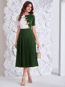 Mulvari Two Tone Frog Button Pleated Dress - Dark Green - View 1