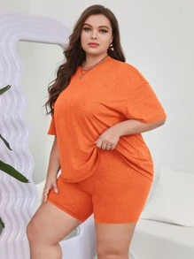 SHEIN Essnce Bộ thời trang Plus Size màu trơn Giải trí - trái cam - Xem 1