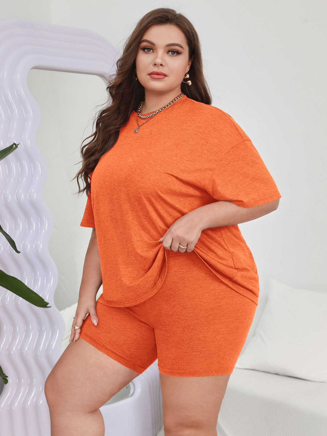 SHEIN Essnce Bộ thời trang Plus Size màu trơn Giải trí - trái cam - Xem 1