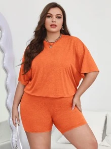 SHEIN Essnce Bộ thời trang Plus Size màu trơn Giải trí - trái cam - Xem 4