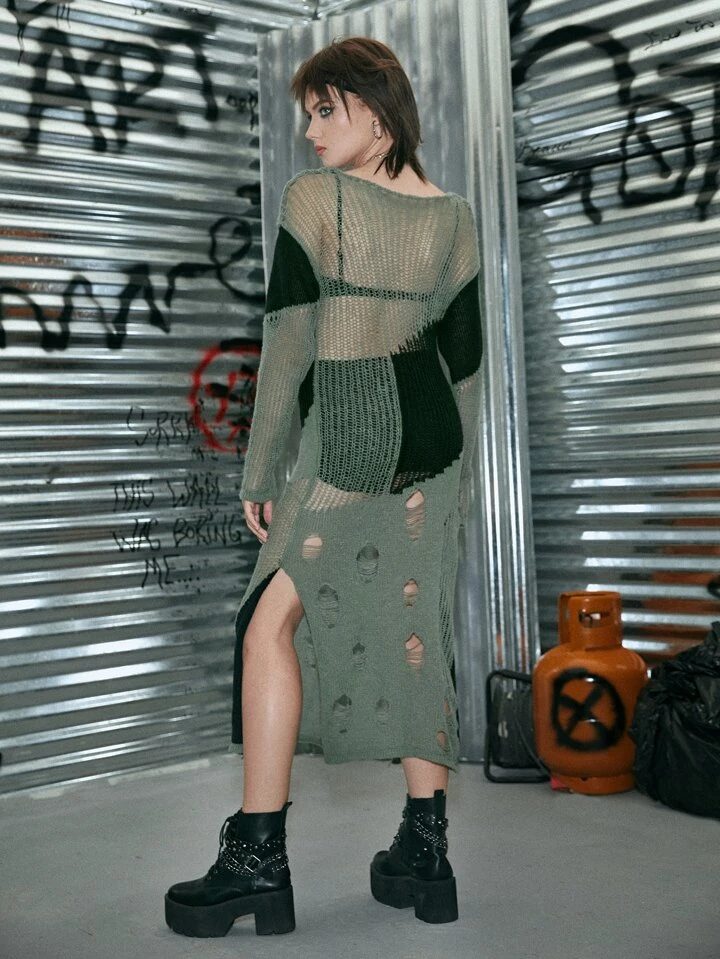 Our Grunge Punk Color-block Distressed Sweater Dress is such a vibe - ROMWE