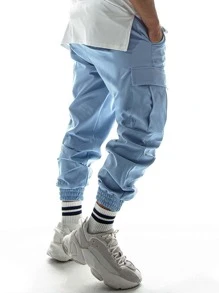 ROMWE MEN Guys Flap Pocket Side Drawstring Waist Cargo Pants - Dusty Blue - View 2