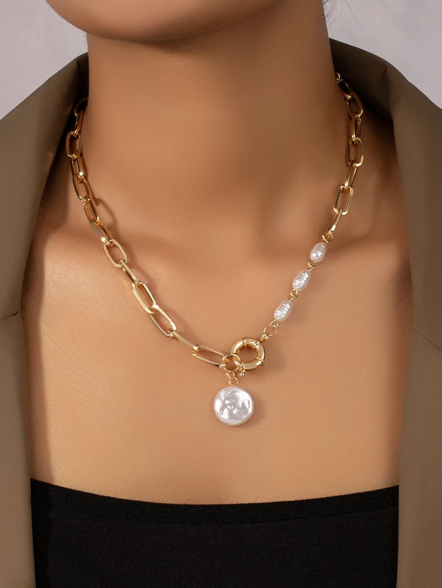 Faux Pearl Decor Necklace - Yellow Gold - View 1