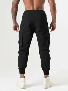 Manfinity Homme Men Drawstring Waist Flap Pocket Cargo Trousers - Black - View 2