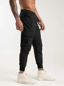 Manfinity Homme Men Drawstring Waist Flap Pocket Cargo Trousers - Black - View 3