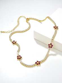 方晶鋯石花朵裝飾項鍊 - 玫紅色 - 查看 1