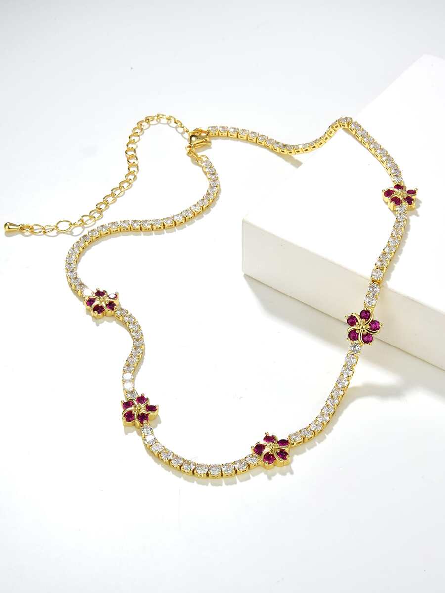 方晶鋯石花朵裝飾項鍊 - 玫紅色 - 查看 1