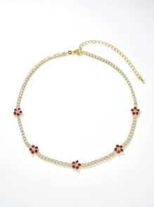 方晶鋯石花朵裝飾項鍊 - 玫紅色 - 查看 2