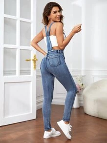 翻蓋口袋破洞抽鬚牛仔背帶褲不附帶吊帶內搭 - 中等水洗藍 - 查看 2