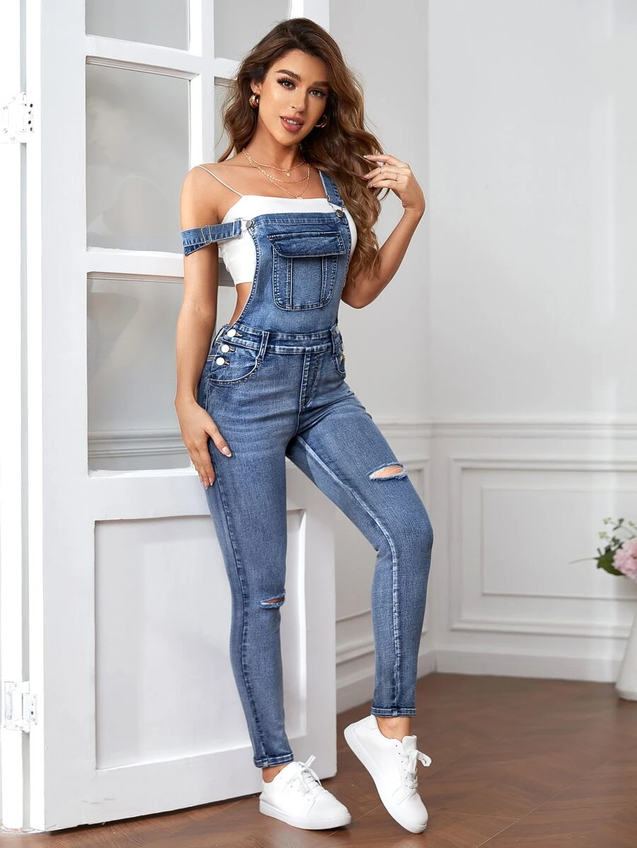 翻蓋口袋破洞抽鬚牛仔背帶褲不附帶吊帶內搭 - 中等水洗藍 - 查看 1