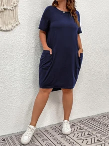 SHEIN LUNE Vestido estilo camiseta con parche de bolsillo - Azul Marino - Ver 3