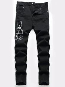 Chillumni Quần Jeans Nam Cotton Patch Detail Jeans Ôm Vừa Quần Jeans Tối Màu Dài Trơn Đen Đã Giặt Cargo Jeans, Quà Tặng Cho Chồng, Bạn Trai - màu đen - Xem 1