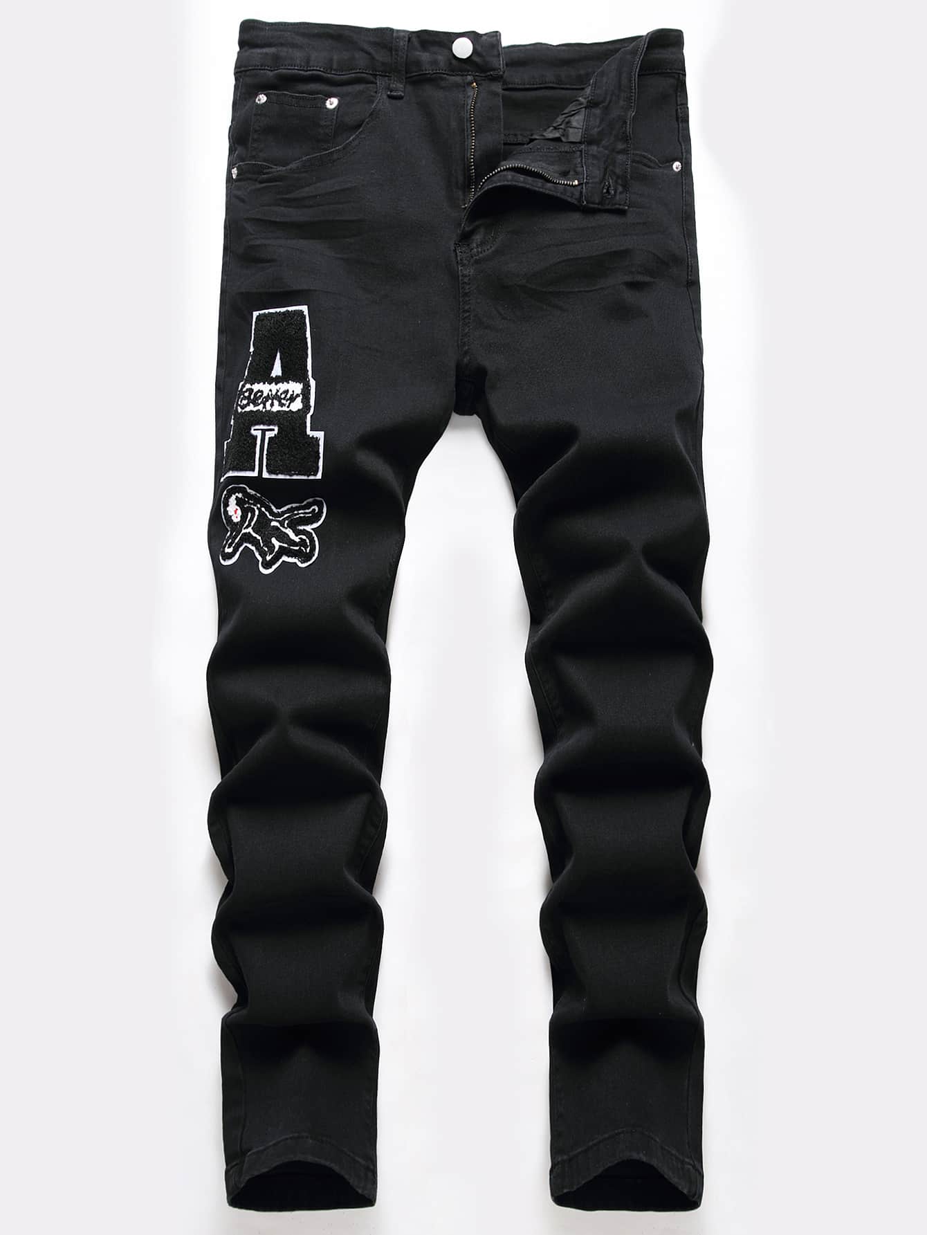 Chillumni Quần Jeans Nam Cotton Patch Detail Jeans Ôm Vừa Quần Jeans Tối Màu Dài Trơn Đen Đã Giặt Cargo Jeans, Quà Tặng Cho Chồng, Bạn Trai - màu đen - Xem 1