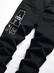 Chillumni Quần Jeans Nam Cotton Patch Detail Jeans Ôm Vừa Quần Jeans Tối Màu Dài Trơn Đen Đã Giặt Cargo Jeans, Quà Tặng Cho Chồng, Bạn Trai - màu đen - Xem 3