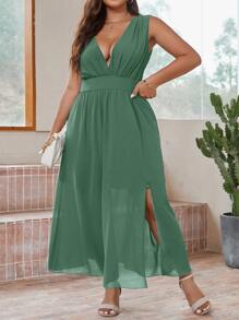 SHEIN Belle Plus Solid Deep V Neck Split Hem Dress - Mint Green - View 4