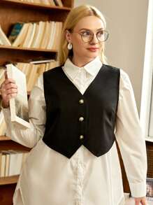 SHEIN Qutie Plus Button Front Vest Blazer - Black - View 1