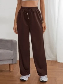 SHEIN Frenchy Solid Drawstring Waist Sweatpants - Chocolate Brown - View 1