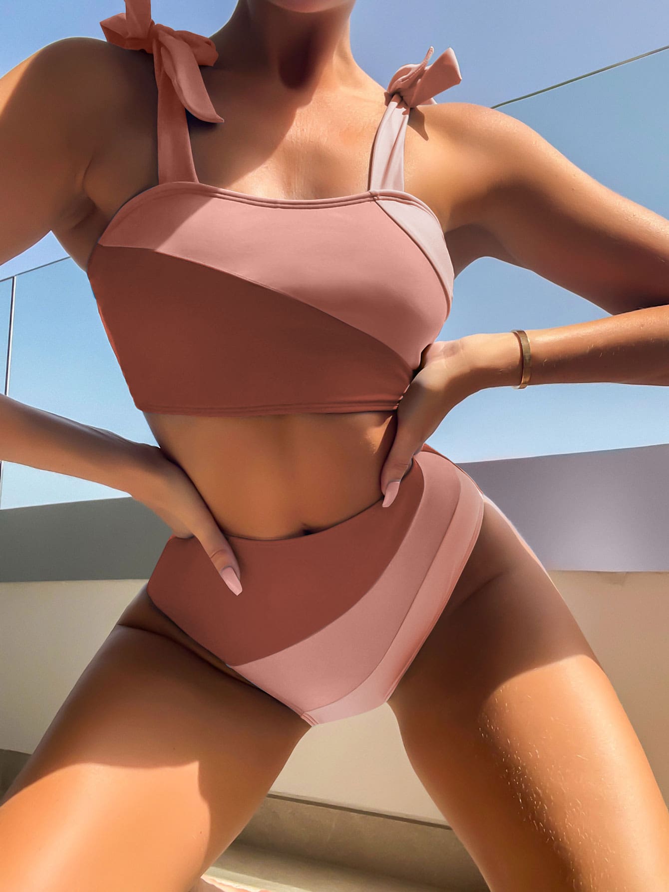 Bộ Bikini Nữ Thắt nút Khối Màu - Bụi hồng - Xem 1
