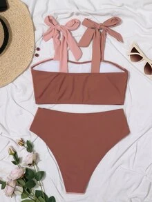 Bộ Bikini Nữ Thắt nút Khối Màu - Bụi hồng - Xem 5