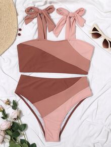 Bộ Bikini Nữ Thắt nút Khối Màu - Bụi hồng - Xem 6