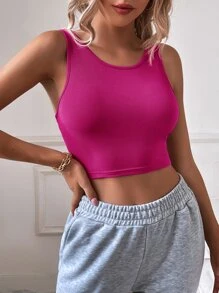 SHEIN Essnce Áo hai dây Gân đan màu trơn Cơ bản - Màu Hồng Tươi - Xem 1