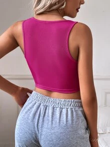 SHEIN Essnce Áo hai dây Gân đan màu trơn Cơ bản - Màu Hồng Tươi - Xem 2