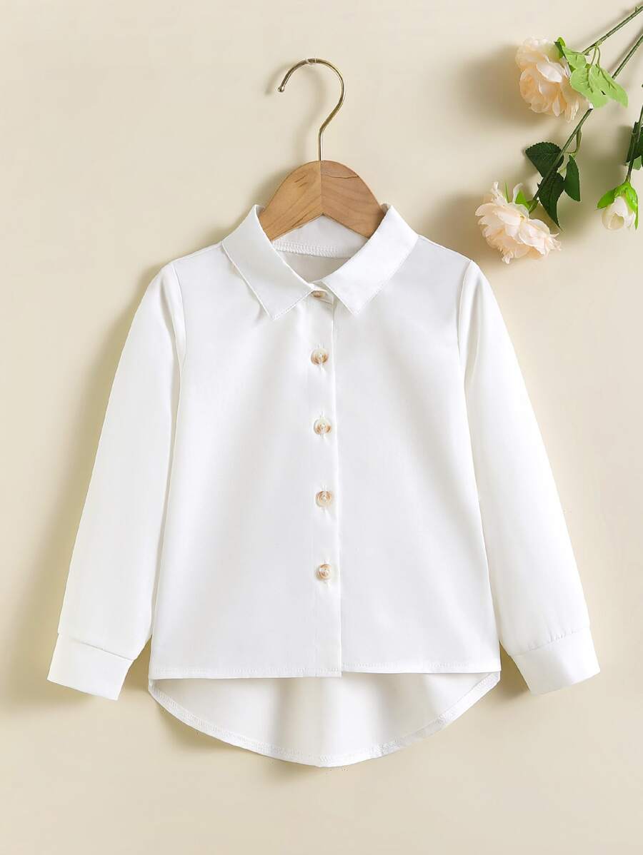 SHEIN Genkimix Kids 年轻女孩前扣高低下摆衬衫 年轻女孩白衬衫 - 白色 - 查看 1