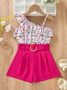 SHEIN Jumpsuit bé gái Bất đối xứng Thắt lưng Xù Uốn nếp Họa tiết hoa Boho - Nhiều màu - Xem 1