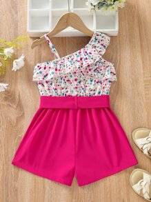 SHEIN Jumpsuit bé gái Bất đối xứng Thắt lưng Xù Uốn nếp Họa tiết hoa Boho - Nhiều màu - Xem 2